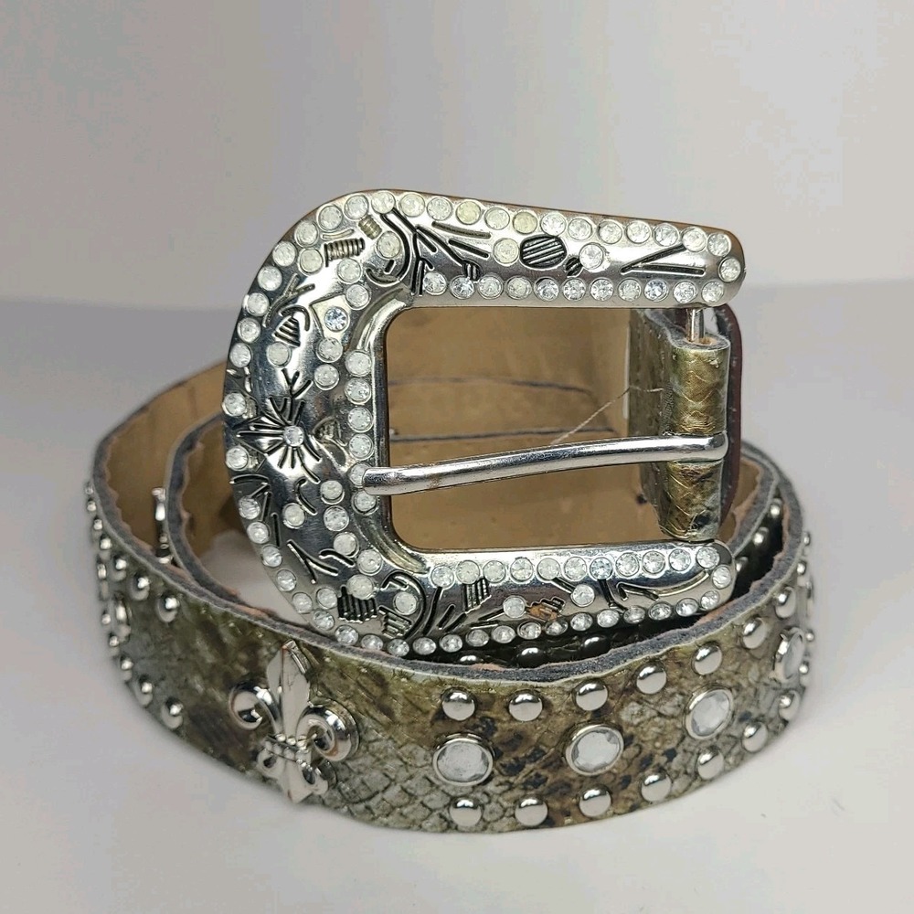 Western Rhinestone Studded Belt Snake Print Fleur De Lis Womans Large Bling